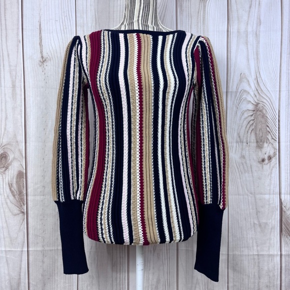 Marie Oliver Sweaters - Marie Oliver Knit Sweater Striped Ribbed Cuffs Boat Neck Multi-Color Size Small